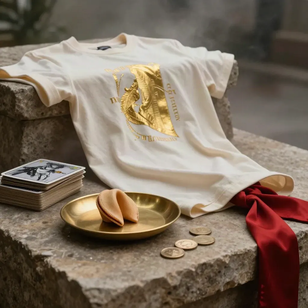 Cream tee with gold print on limestone, brass coin tray, fortune cookie and tarot backs.