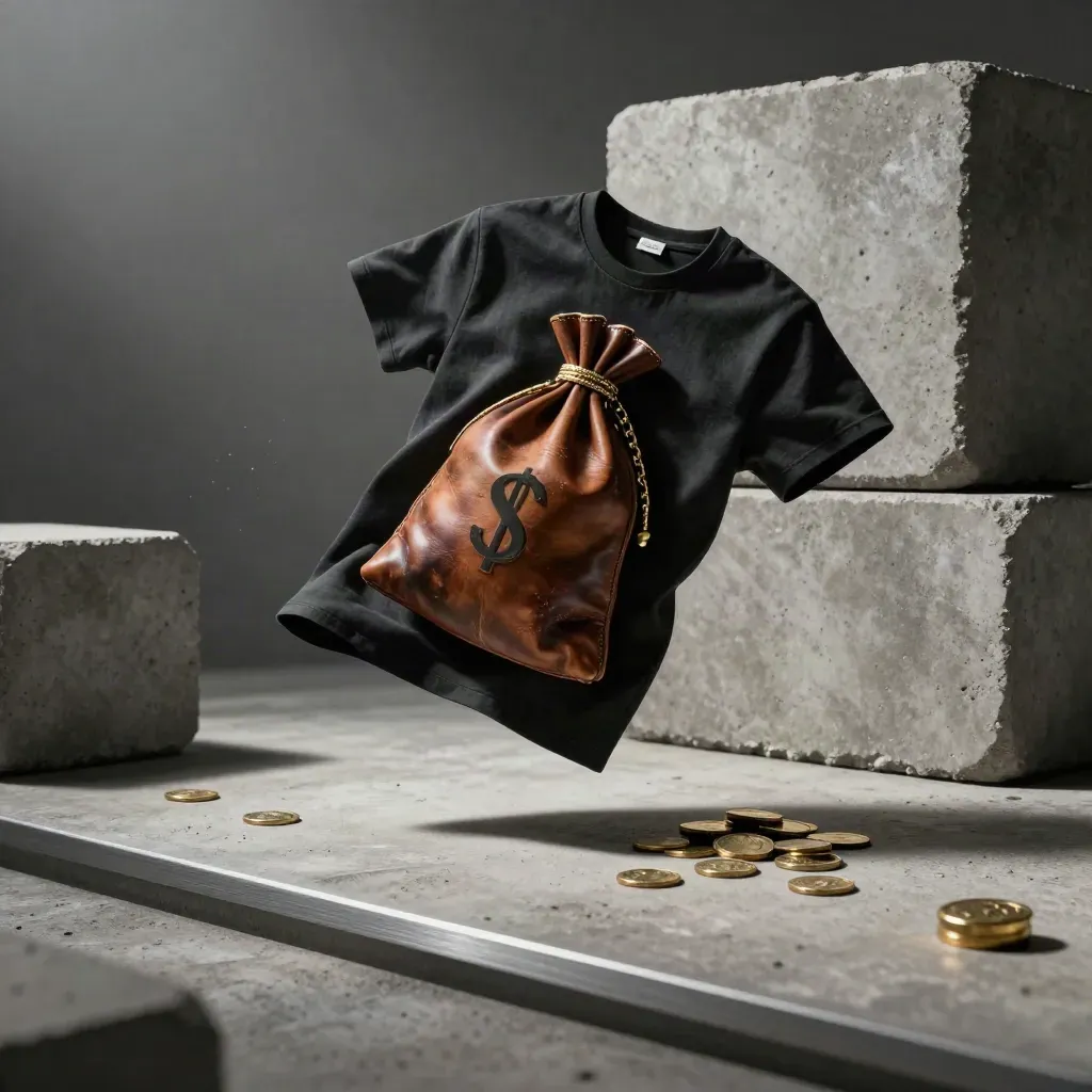 Money Bag Street Tee hovering over concrete blocks with pouch, chain, and coins in moody light