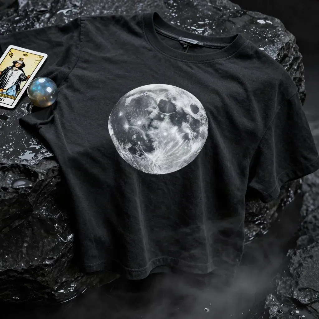 Macro of a moon graphic tee draped over wet basalt with moonstone, glass orb and tarot card-back.