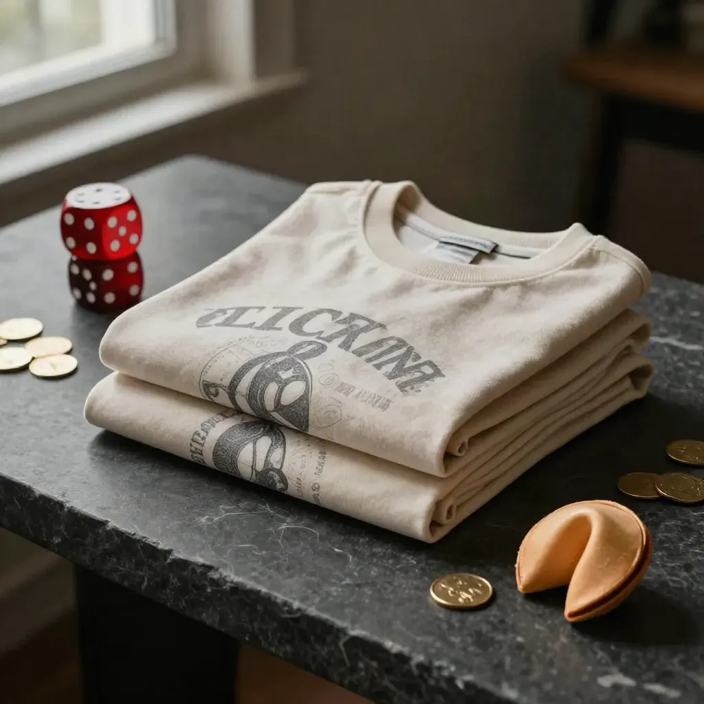 Folded lucky graphic tees beside a dice cup, coin tray and fortune cookie on dark stone.