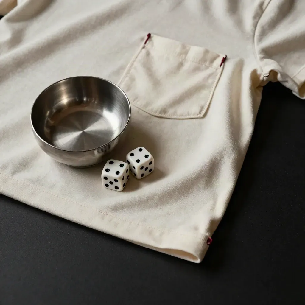 Cream knit Lucky Dice Pocket Tee with ivory dice and a brushed metal bowl on dark folds.