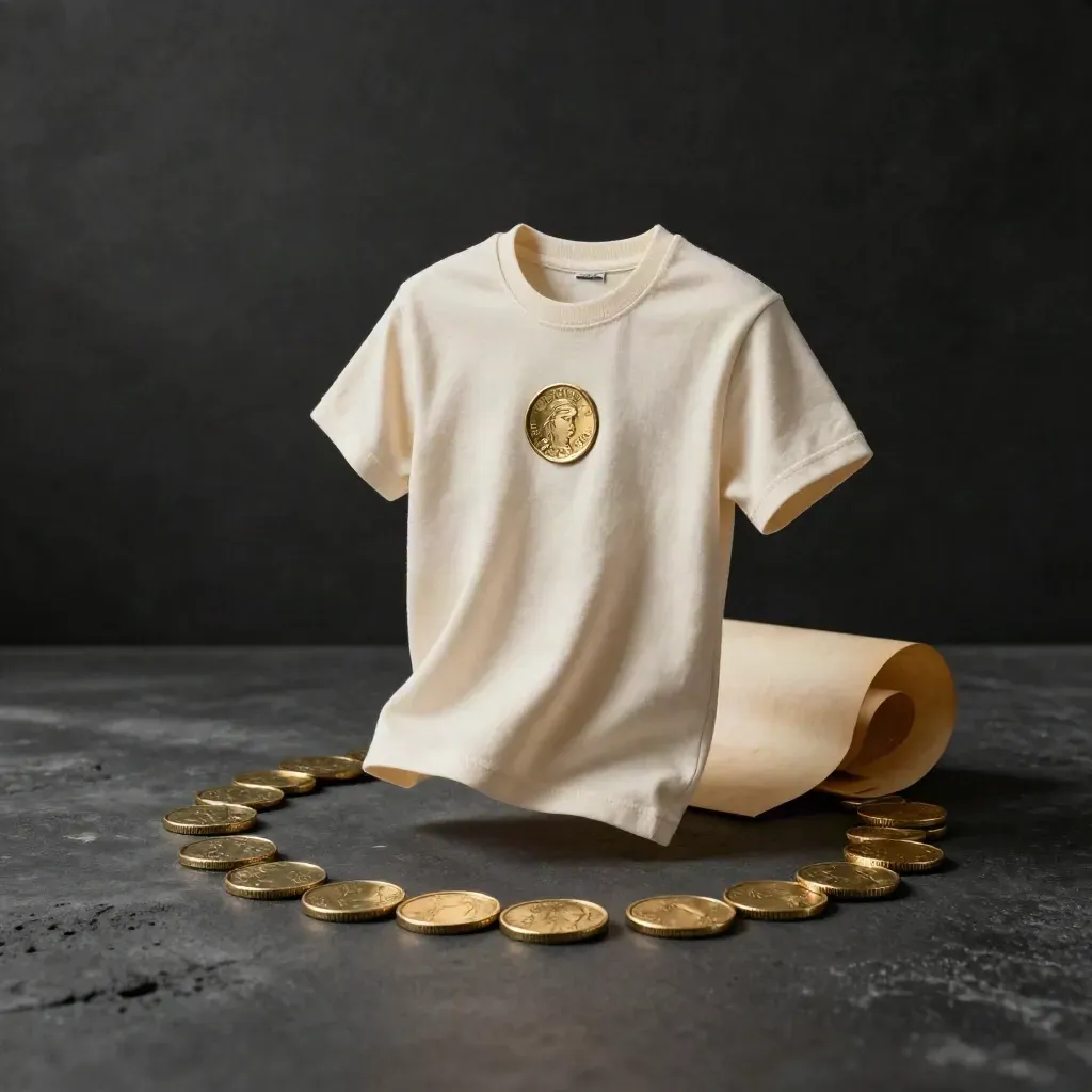Cream crew tee with brass coins on a charcoal concrete sweep, overhead editorial flatlay.
