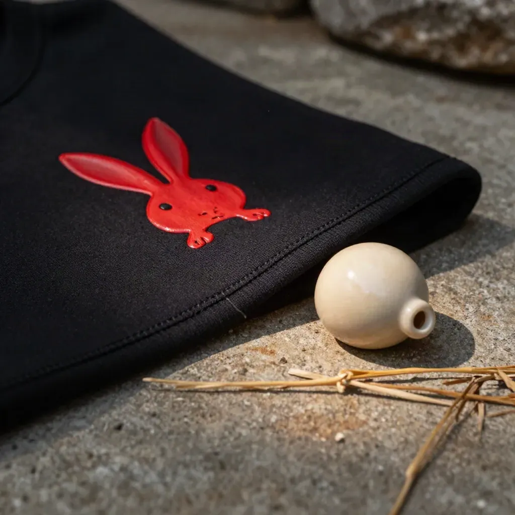 Macro of a black tee hem on concrete with red print, cream talisman and dry grass.