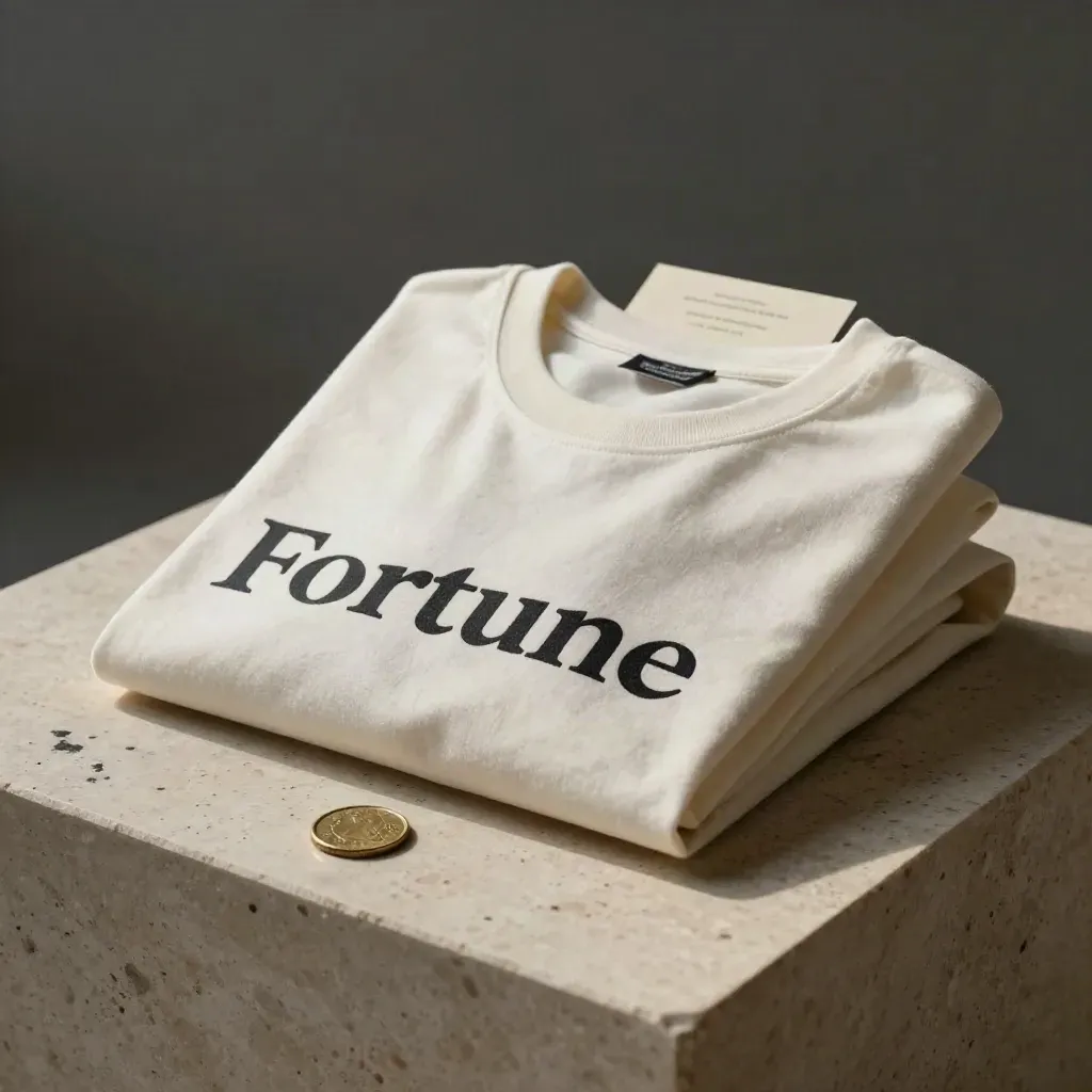 Folded black tee on travertine with brass coin and soft stone light