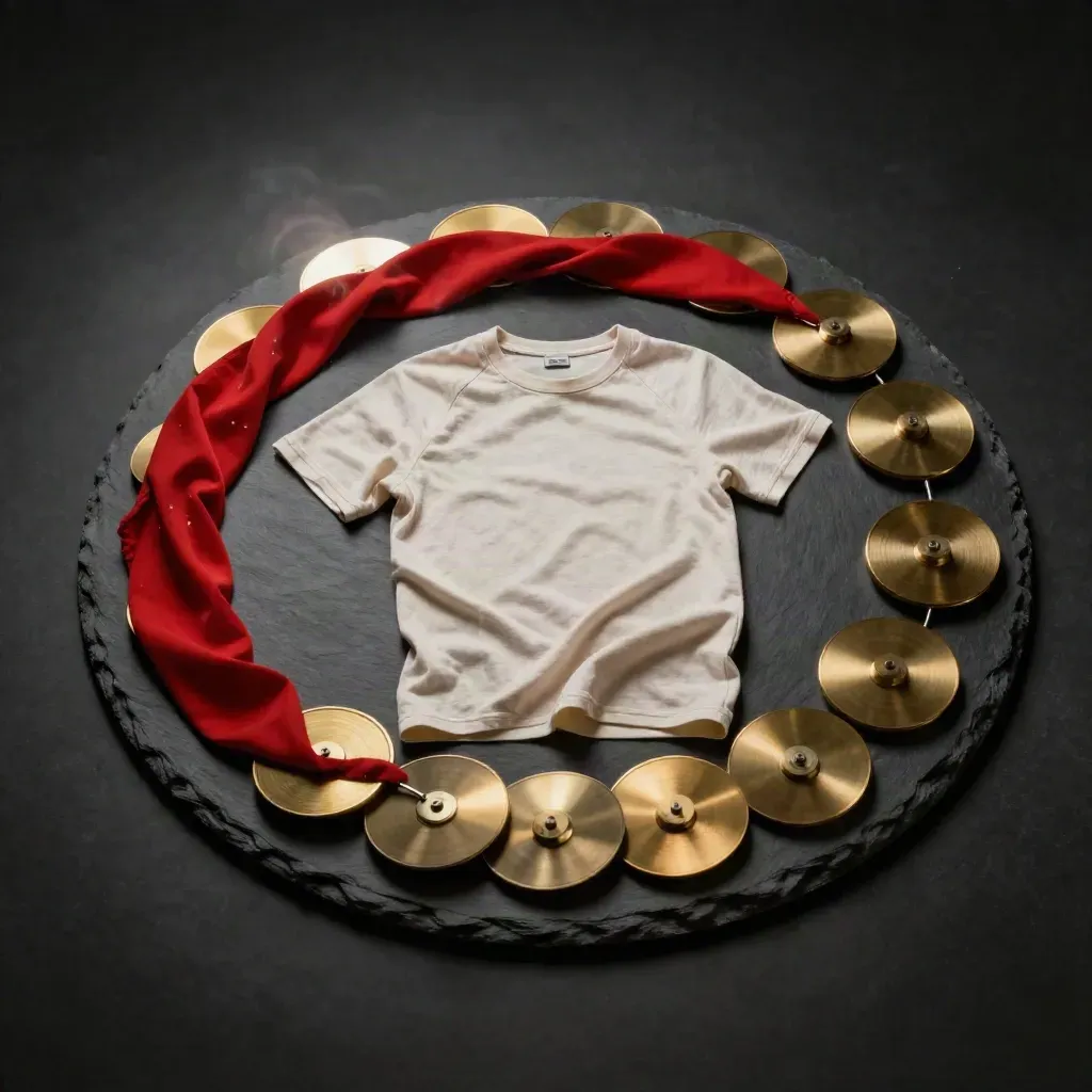 Fortune Spin Raglan Tee in a brass-disc swirl on graphite slate, red cloth arc, dramatic studio light.