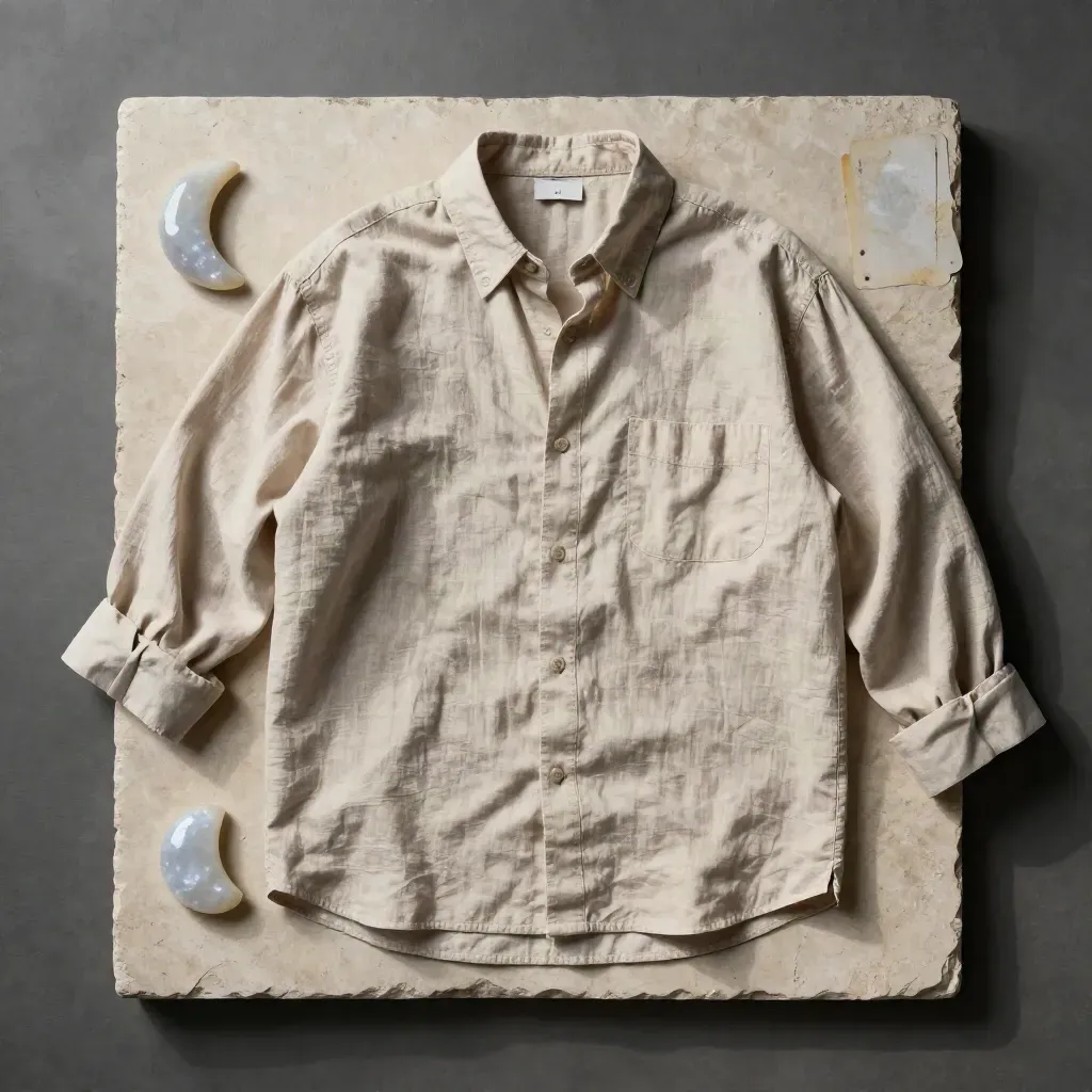 Overhead flatlay of a moon-themed shirt with ceramic crescent, moonstone, and card prop on linen.