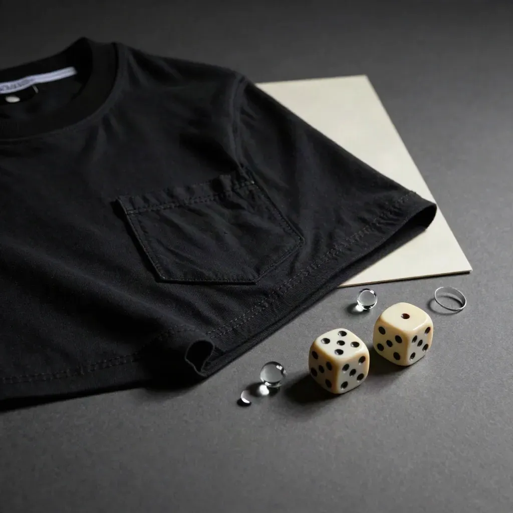 Black dice-themed tee arcing on graphite with ivory dice, glass bead, and a subtle red accent.