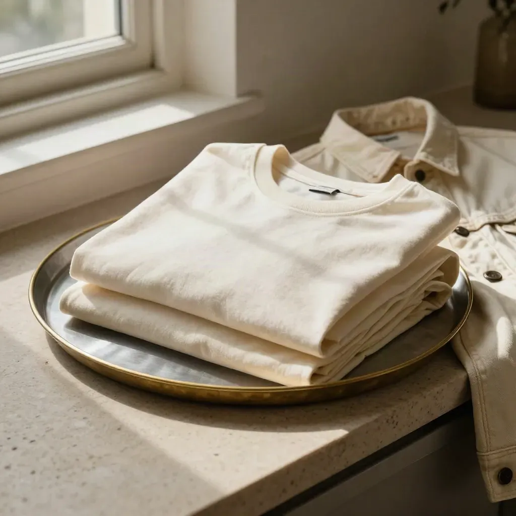 Folded crew tee and cream denim jacket on a brushed metal tray with parchment cloth.