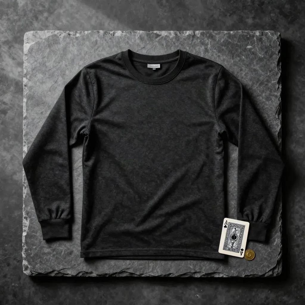 Folded black long sleeve tee with a playing card and brass token on charcoal wool