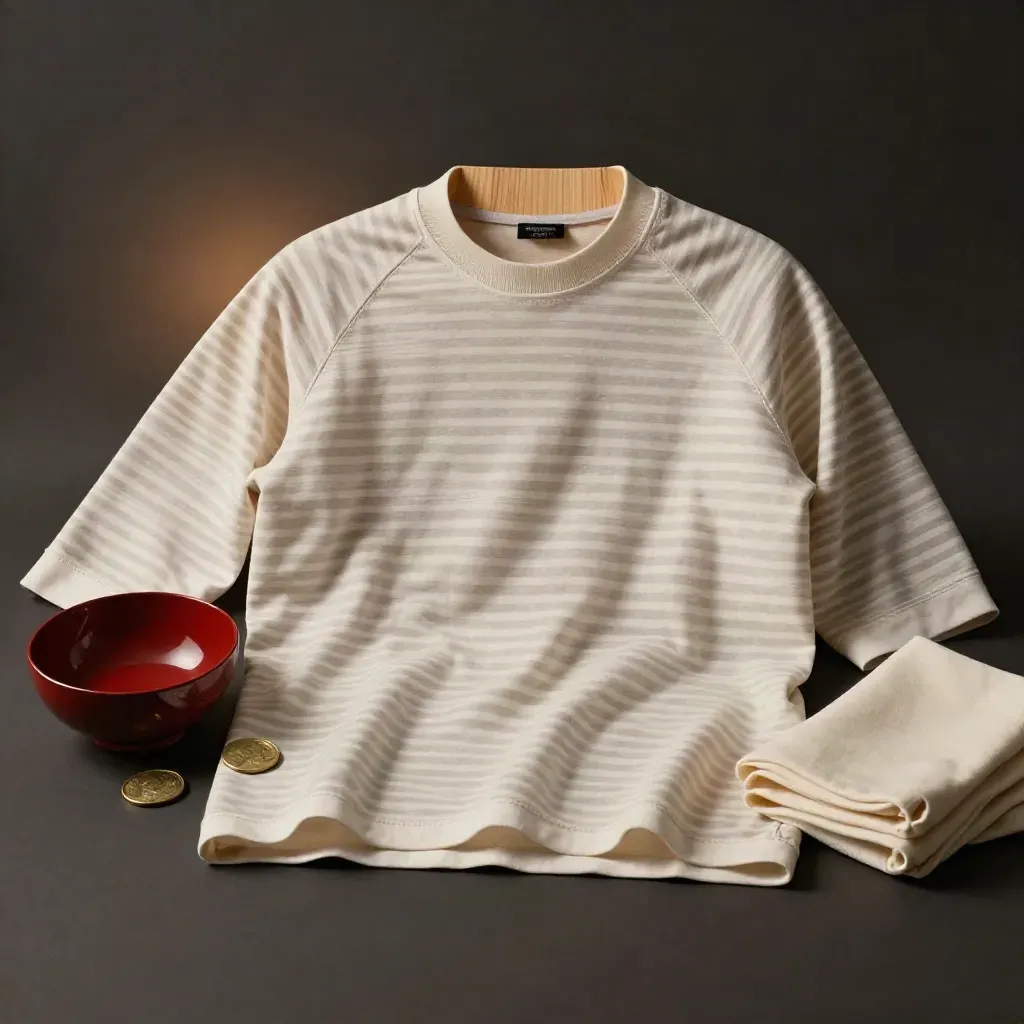 Striped raglan shirt draped over pale wood with brass coin, cream cloth, and red bowl