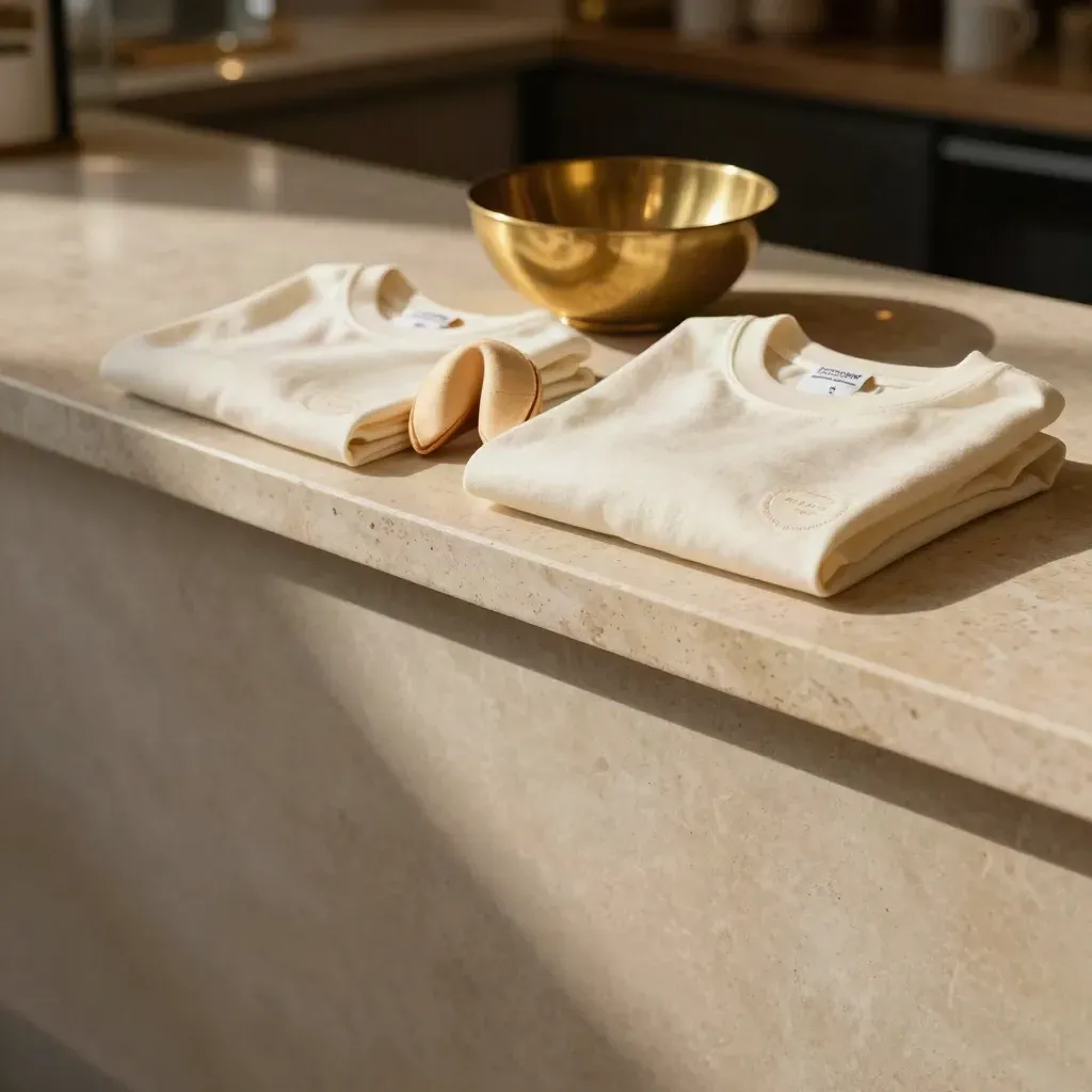 Travertine café ledge with brass bowl and folded cream tees in warm afternoon light.