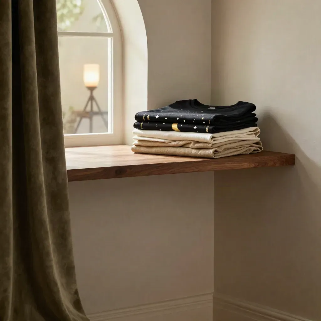 Tarot-themed folded tees on a walnut shelf by an arched window in soft morning light.