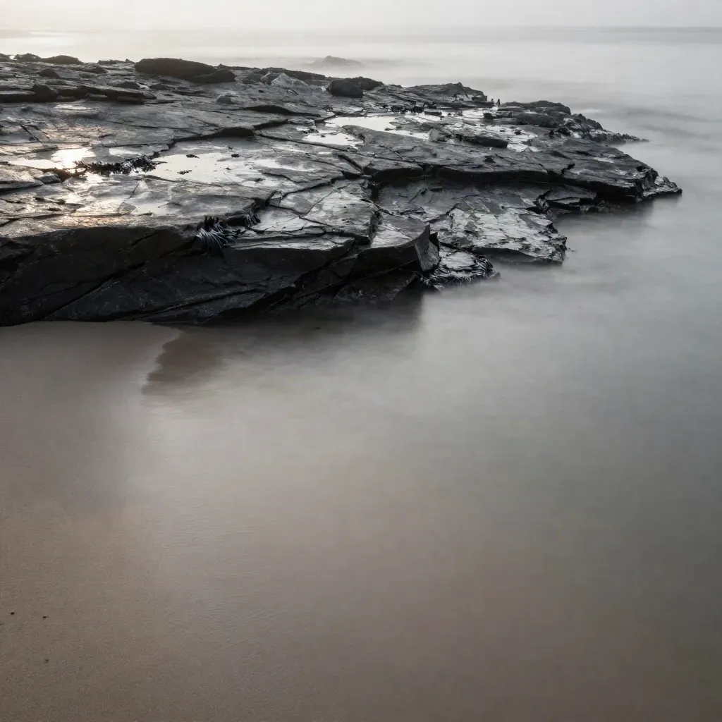 Misty coastal rock shelf above open foggy sea, with calm lower space for copy.