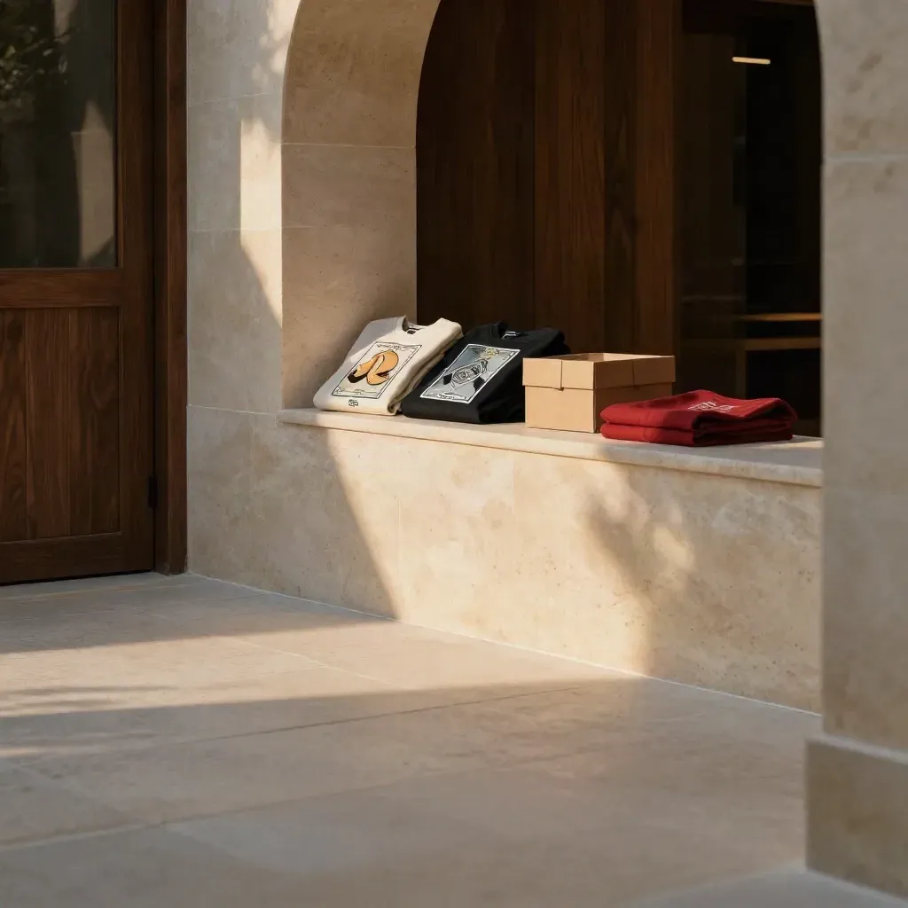 Sunlit modern courtyard with folded graphic tees on stone plinth and calm space for copy.