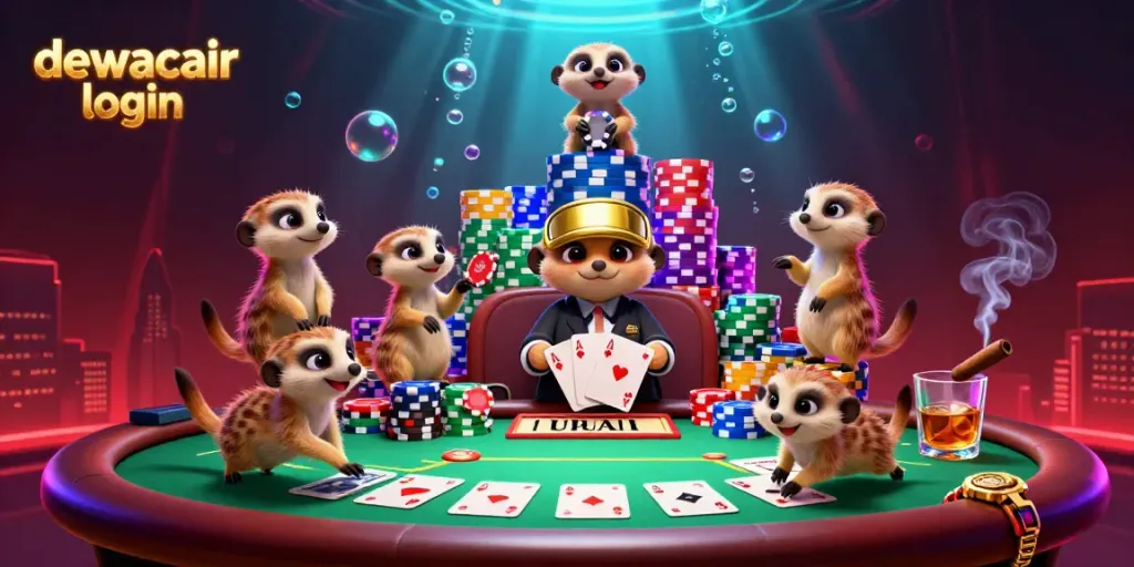 Dewacair login showcases meerkats managing a lively casino, creating a vibrant gambling scene full of color and excitement.