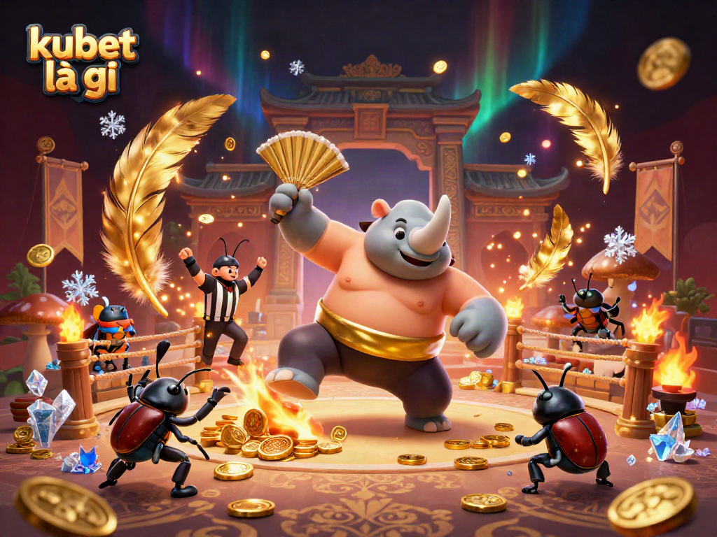 Experience kubet là gì excitement with a vibrant 3D illustration of a beetle sumo champion amidst flying coins!