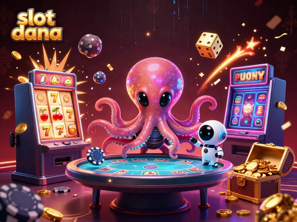 Menggambar Slot Dana, jackpot yang melimpah, dan karakter kasino yang interaktif di luar angkasa.