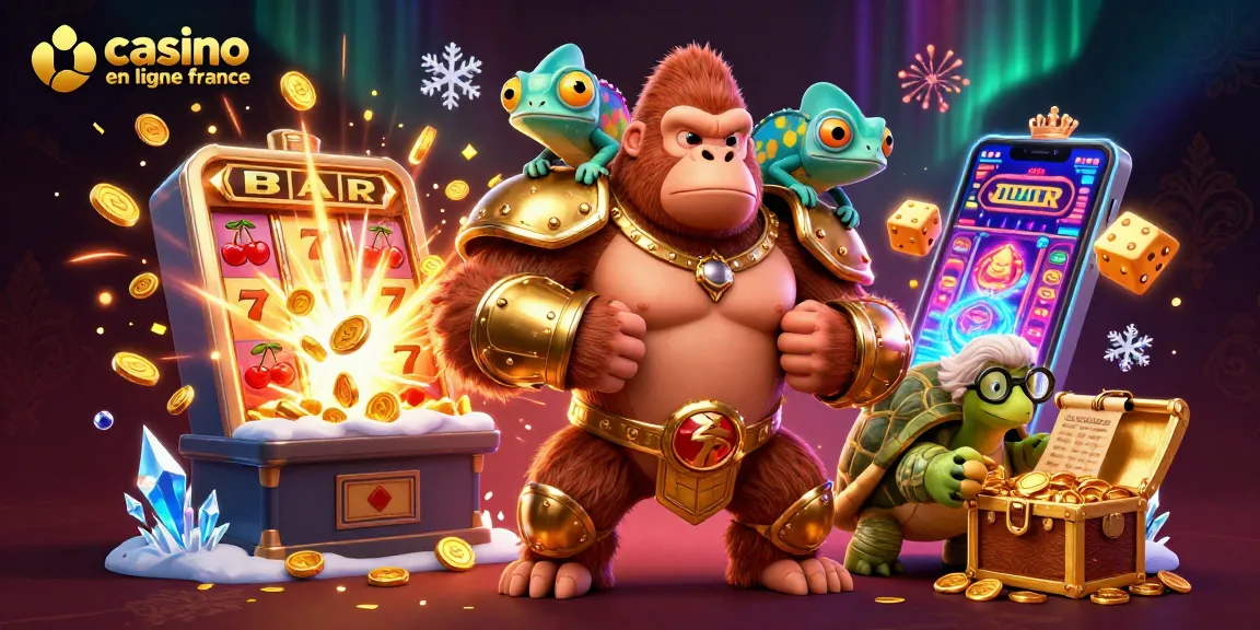 Jouer au casino en ligne en France : gorille roi, caméléon espion, et une tortue sage entourés de machines à sous et de jackpots.