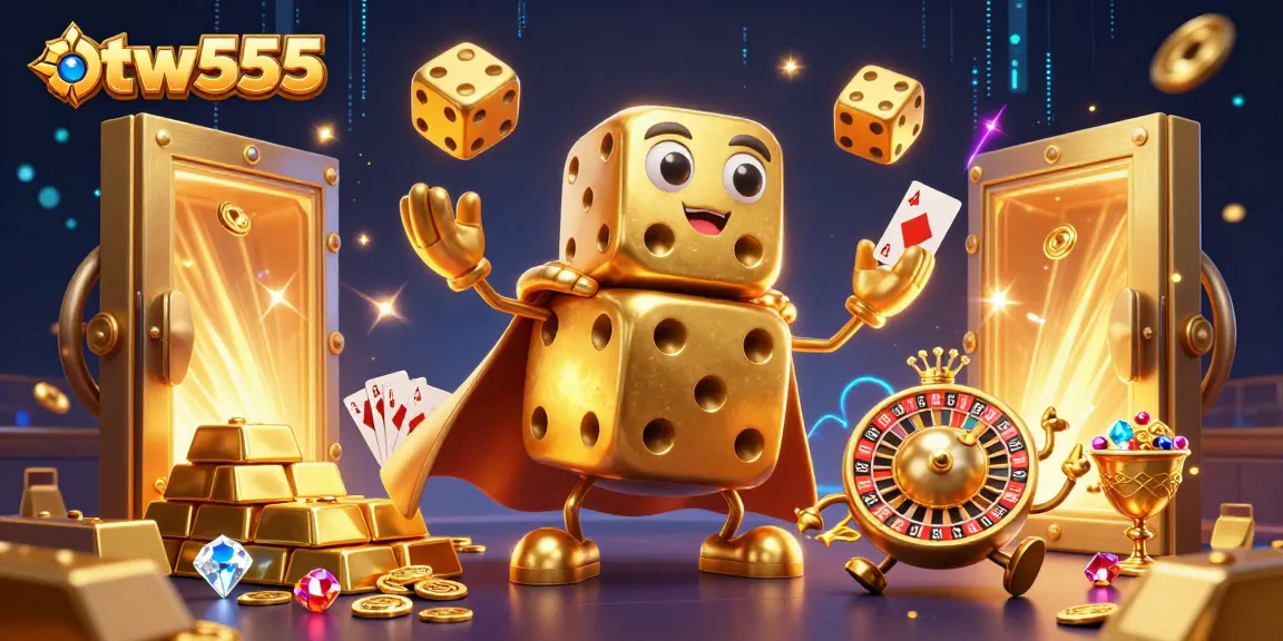 Experience the thrill of otw555 with a dynamic illustration showcasing casino excitement, vibrant characters, and gold treasures.