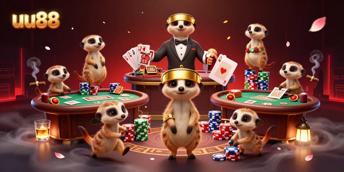 Engage in thrilling gameplay at uu88 casino with meerkats, poker chips, and vibrant game action.