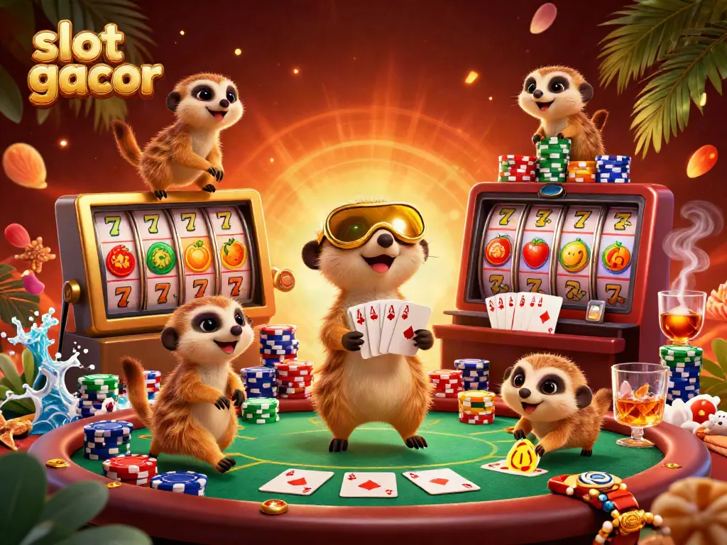Engaging slot gacor scene with meerkats running a lively casino operation, colorful slot reels, and vibrant poker chips.