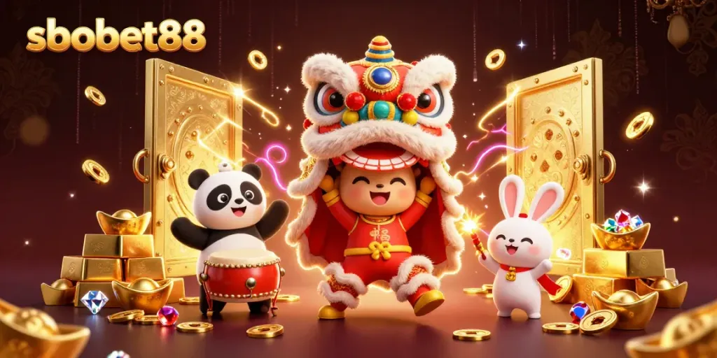 Experience sbobet88 with engaging characters and vibrant casino elements in a festive setting.