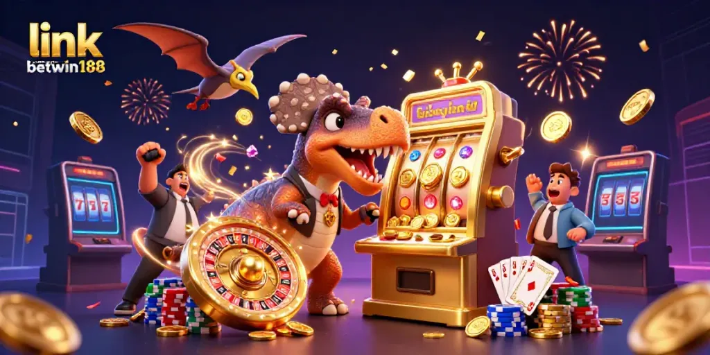 Mengakses link alternatif betwin188 dengan karakter kartun dino di kasino digital yang penuh koin emas.