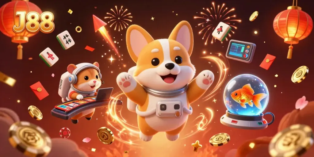 An engaging J88-themed illustration of a space casino scene featuring an astronaut corgi, poker chips, and festive decorations.