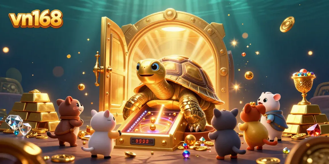 Engage in thrilling gameplay at vn168 featuring a colossal golden tortoise pinball machine amidst treasures