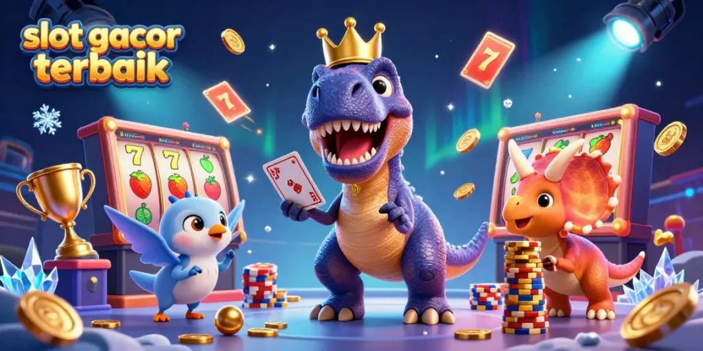 Slot gacor terbaik diilustrasikan dengan karakter lucu dalam kasino yang meriah.