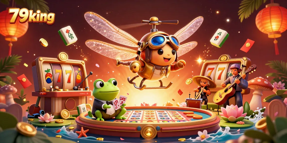 Win big at 79king with a vibrant illustration of a casino scene featuring a dragonfly pilot and frog dealer