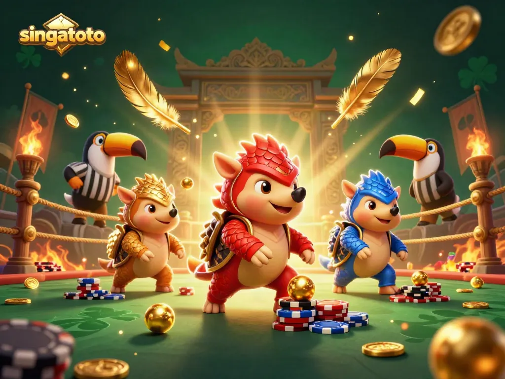 Singatoto pangolins battle in a vibrant casino scene, bowling poker chips and golden balls.