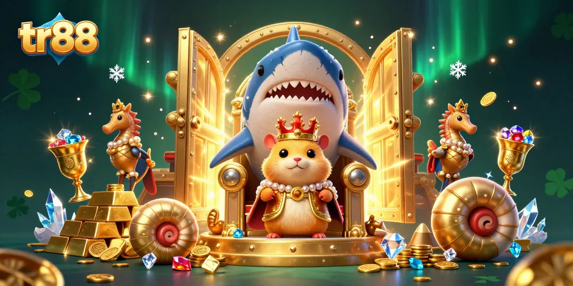 Win big at tr88 with the golden hamster king amidst treasures and vibrant casino elements.