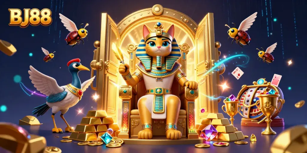 Play slots and cards at BJ88, a vibrant casino scene with a rich pyramid-themed backdrop.