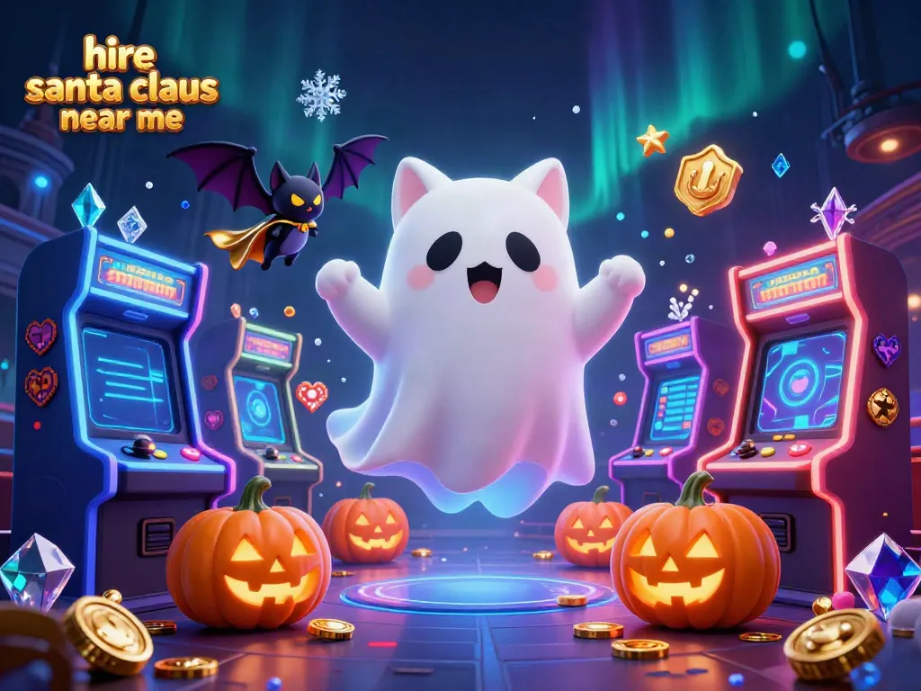 Engaging illustration showcasing a ghost cat and bat in a casino setting, evoking the theme of hire santa claus near me.