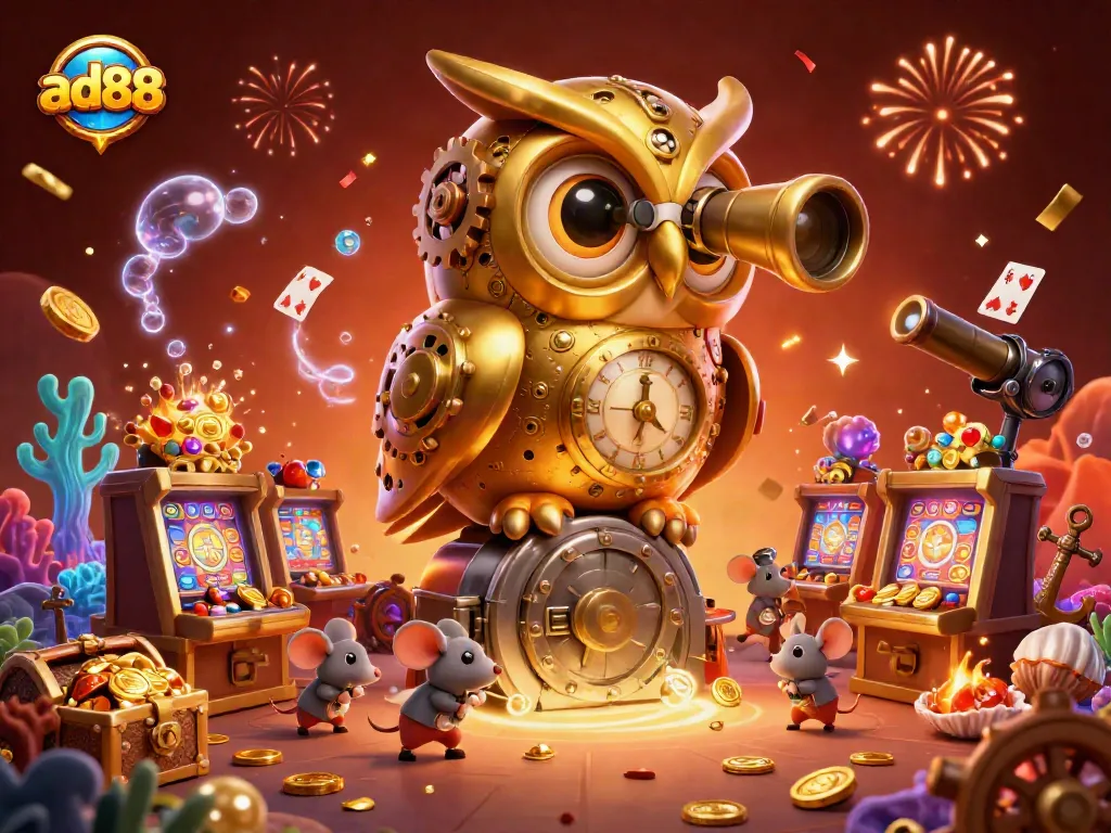 Join the adventure at ad88, where a golden clockwork owl watches over the exciting casino action.