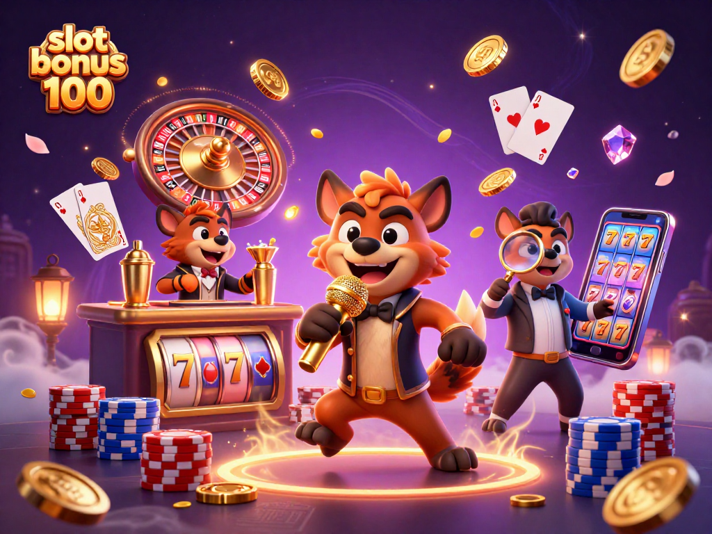 Experience thrilling action with slot bonus 100 in a vibrant 3D casino scene featuring hyenas and dazzling game elements.
