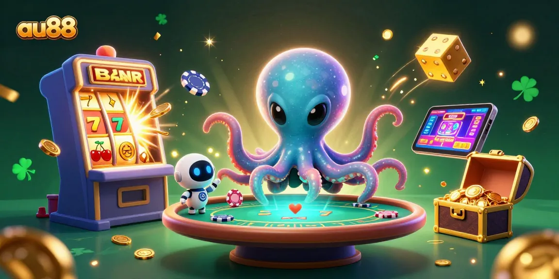 Win big with au88 at a vibrant 3D casino scene featuring an alien octopus and layered games.