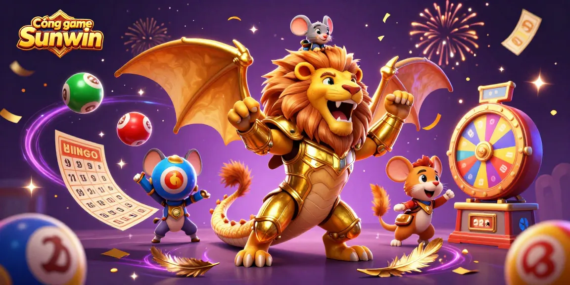 Experience the excitement of Cổng game Sunwin with a roaring chimera and vibrant lottery elements.