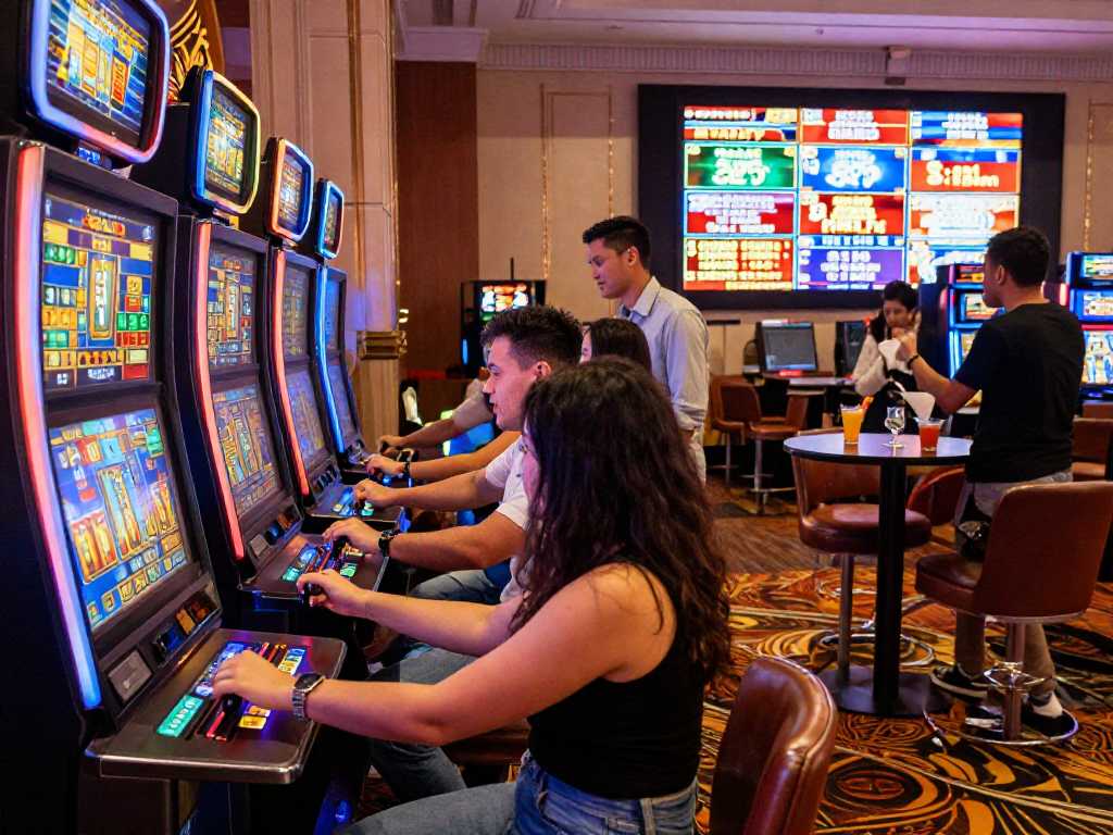 Exciting casino scene with diverse friends enjoying slot gaming experience