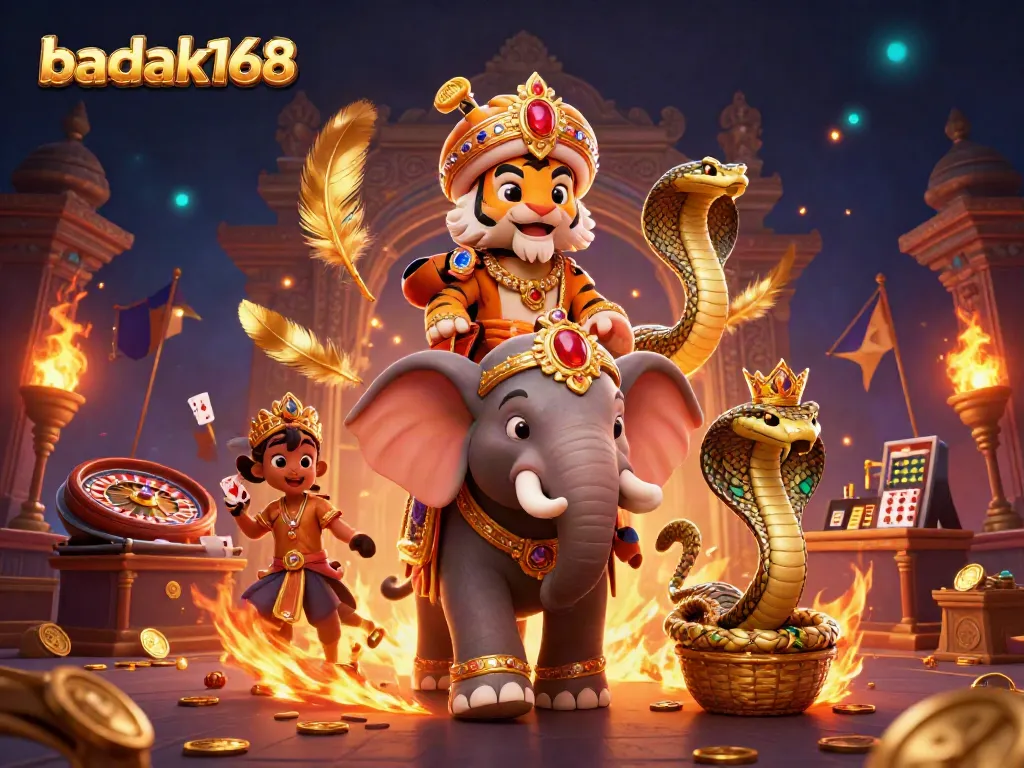 Gambarkan permainan seru badak168 dengan harimau maharaja dan gajah di kasino langsung.