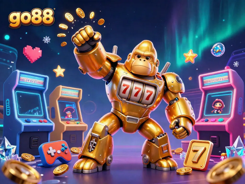Experience the excitement of go88 with a golden gorilla mech, slot machines, and arcade elements depicting a vibrant casino scene.