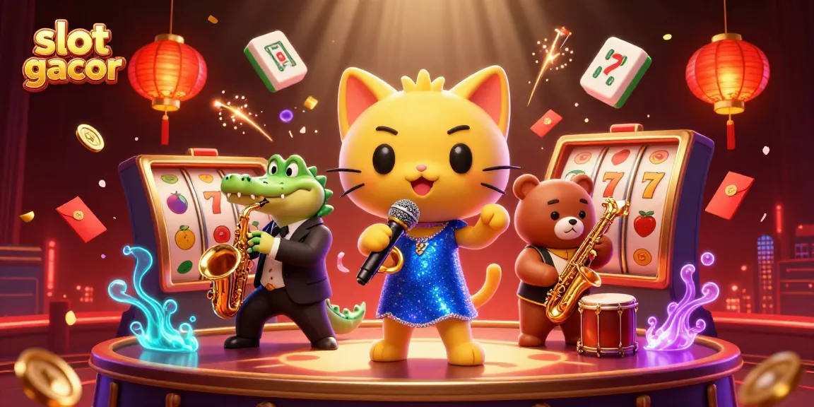 Slot gacor dengan karakter lucu bernyanyi di panggung kasino, simbol keberuntungan bertebaran.