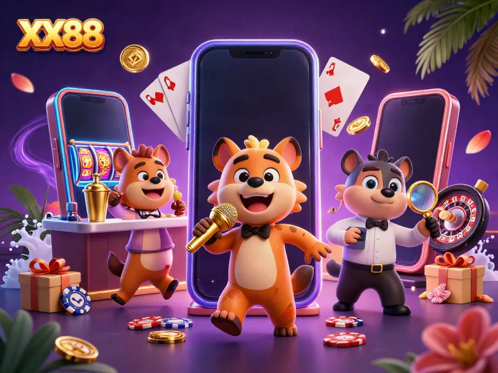 Experience exciting gaming at XX88 with lively hyenas in a vibrant casino scene.