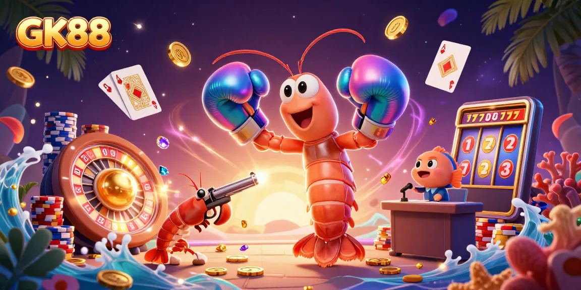 Engage with GK88 in this vibrant 3D casino illustration featuring dynamic gaming elements.