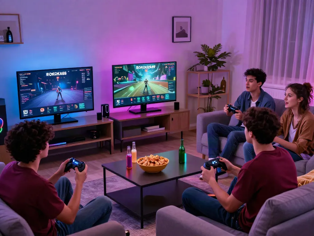 Friends enjoying a gaming night with ROKOK88 APK on screen, showcasing excitement and fun.