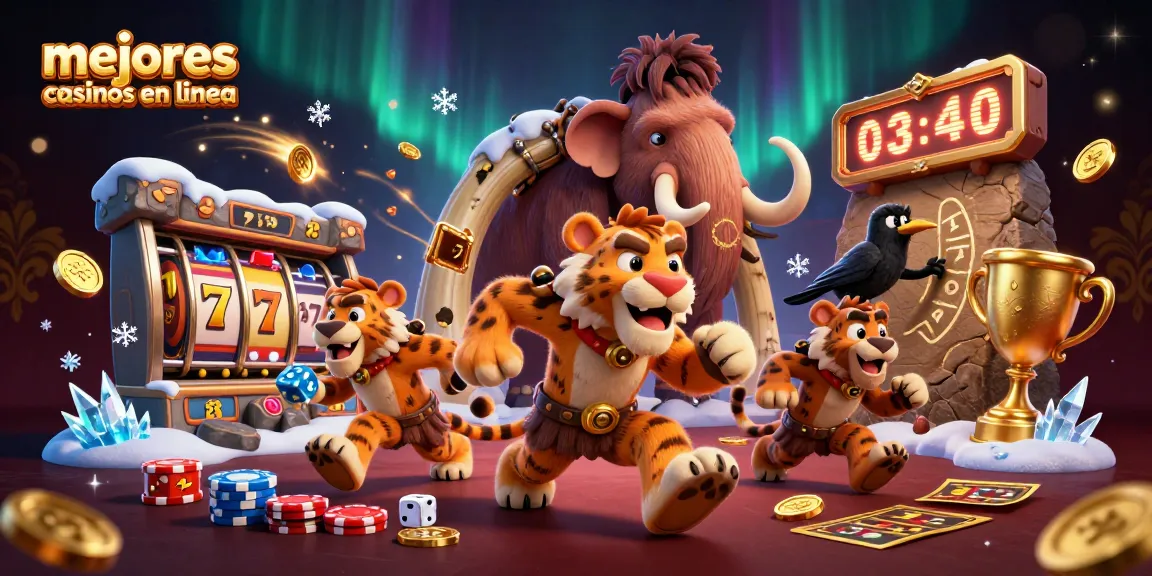 Los mejores casinos en línea resaltan en una ilustración animada con elementos de juego y personajes únicos.