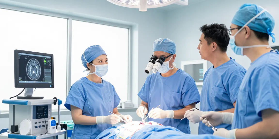 Experienced surgical team performing beyin tümörü ameliyatı in a modern operating room, showcasing teamwork and advanced medical technology.