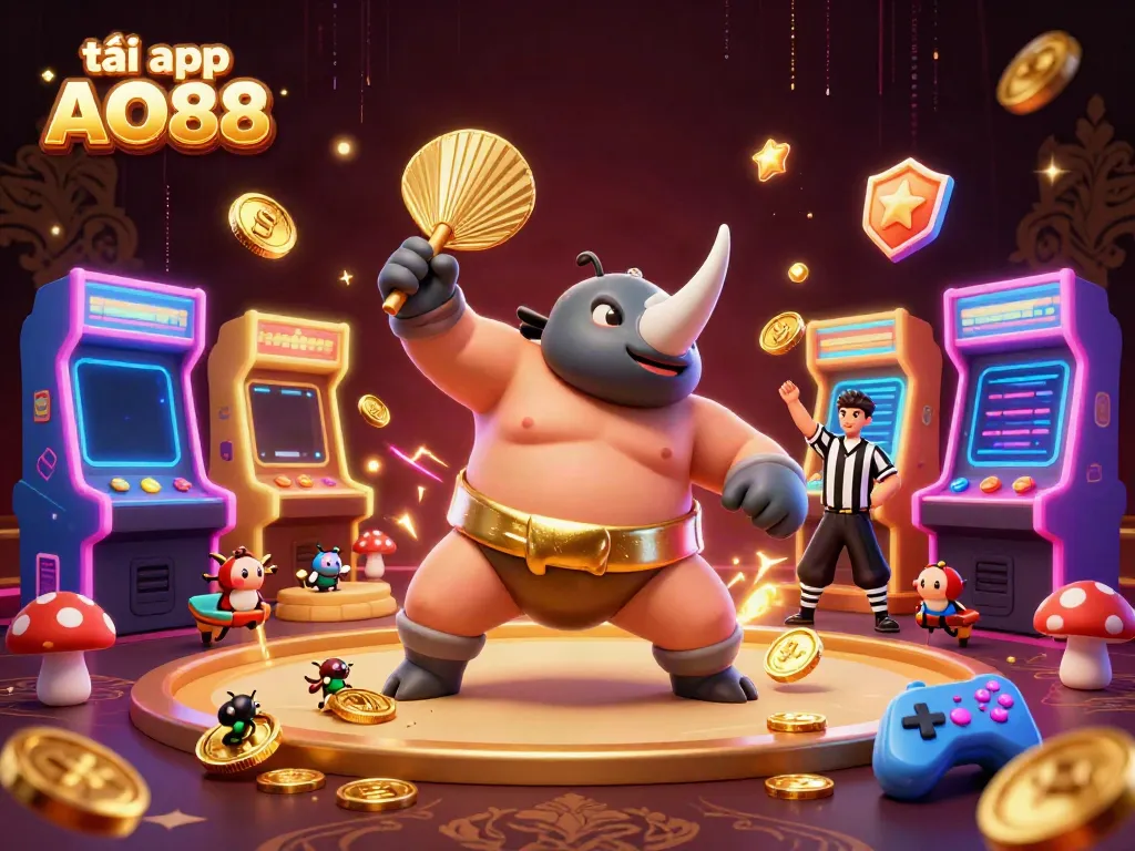 Experience the excitement of tải app AO88 with our colorful, dynamic 3D illustration featuring casino elements and lively characters.