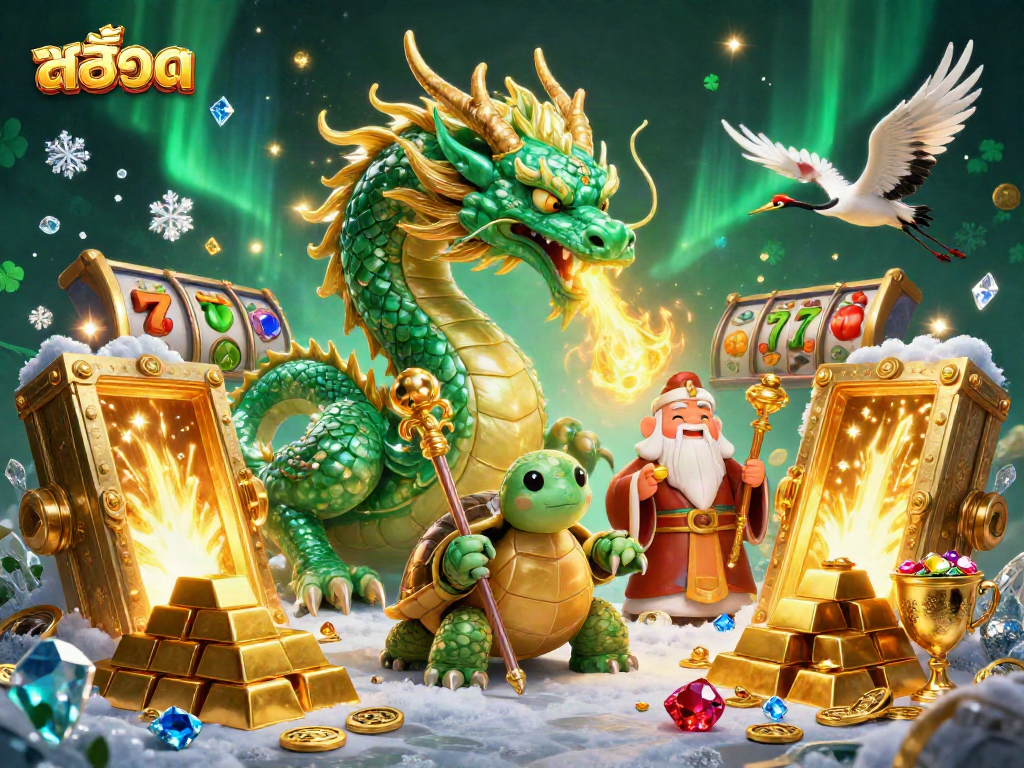 Experience the thrill of สล็อต gaming with a mystical dragon surrounded by treasures and lucky symbols.